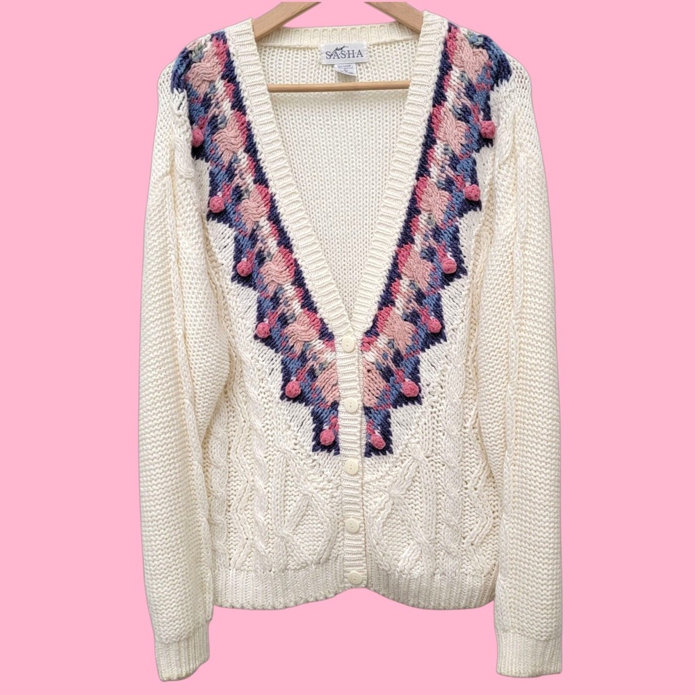 Vtg Just Sasha Floral‎ Knit Cardigan L Sweater Pom Poms Grandmacore Soft Girl